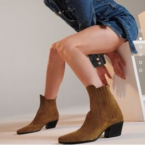 Zara Suede Leather Cowboy Ankle Booties Tan/Brown Western Size 8